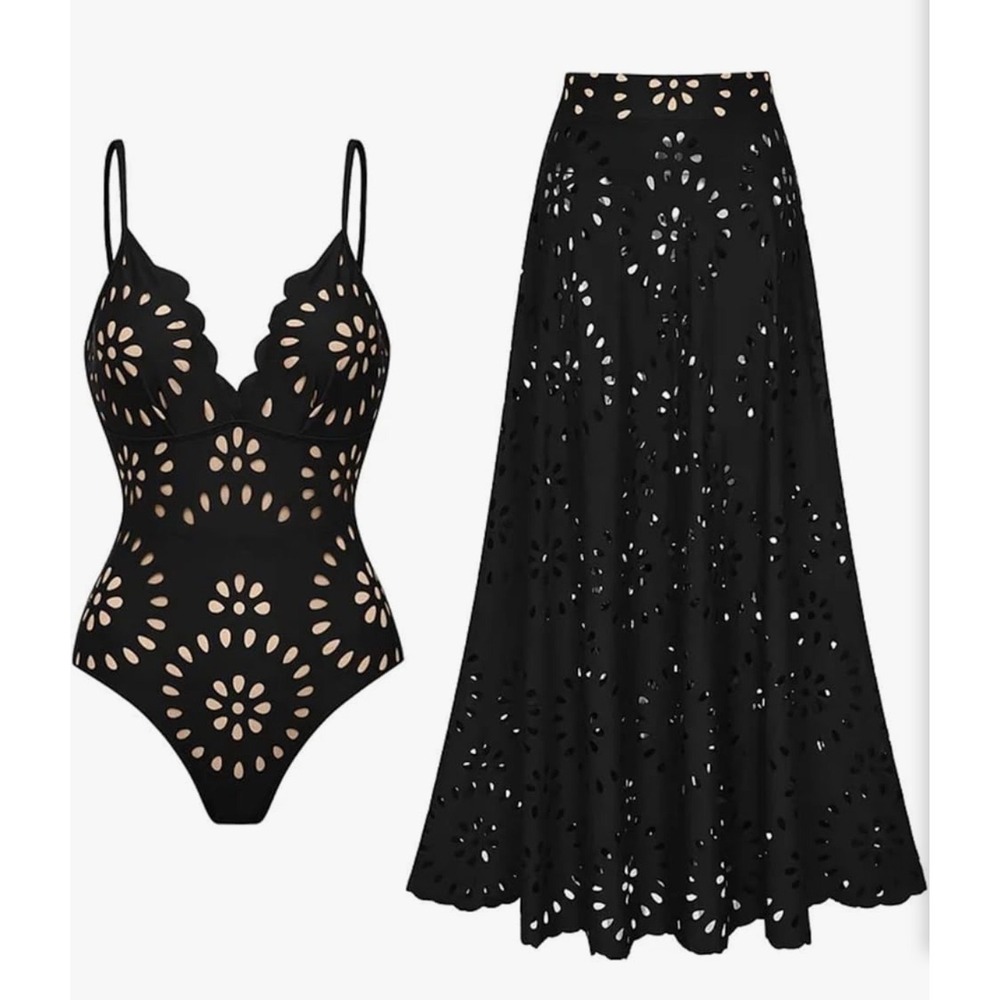 Flaxmaker Womens One Piece Swimsuit and Skirt Set Black Petal Hollow V Neck L